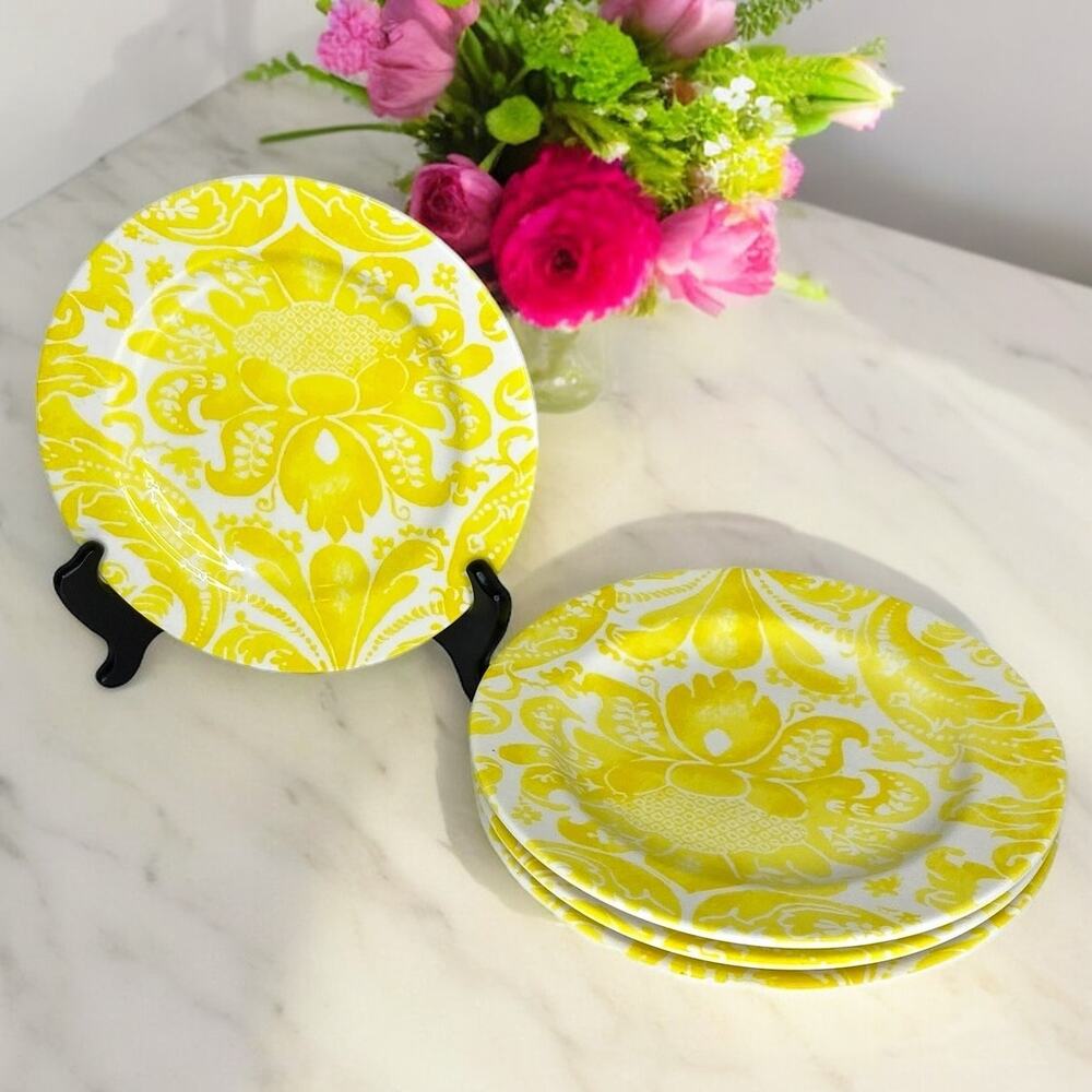 Anthropologie Yellow & White Folk Floral Dessert Salad Plates Set of 4 Boho 8”